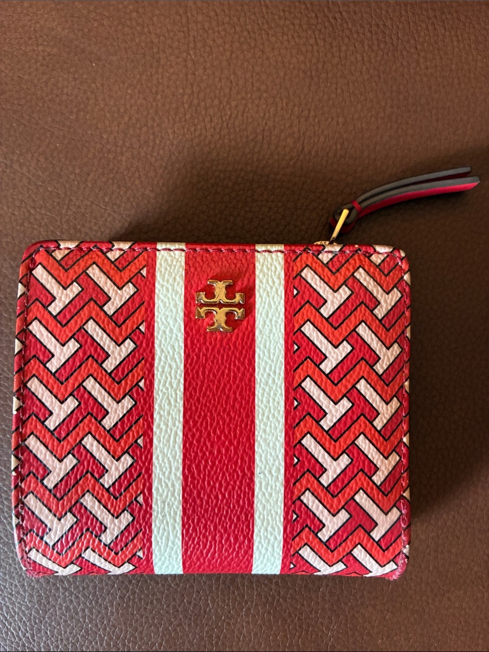 Tory Burch Red Striped Patterned Wallet with Gold Logo
